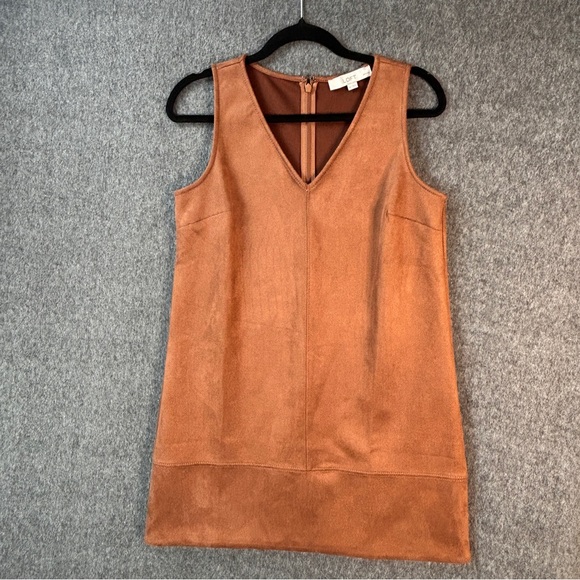 LOFT Dress Womens Petite 6P Brown Faux Suede Sleeveless Shift V-Neck Mini - Picture 2 of 14